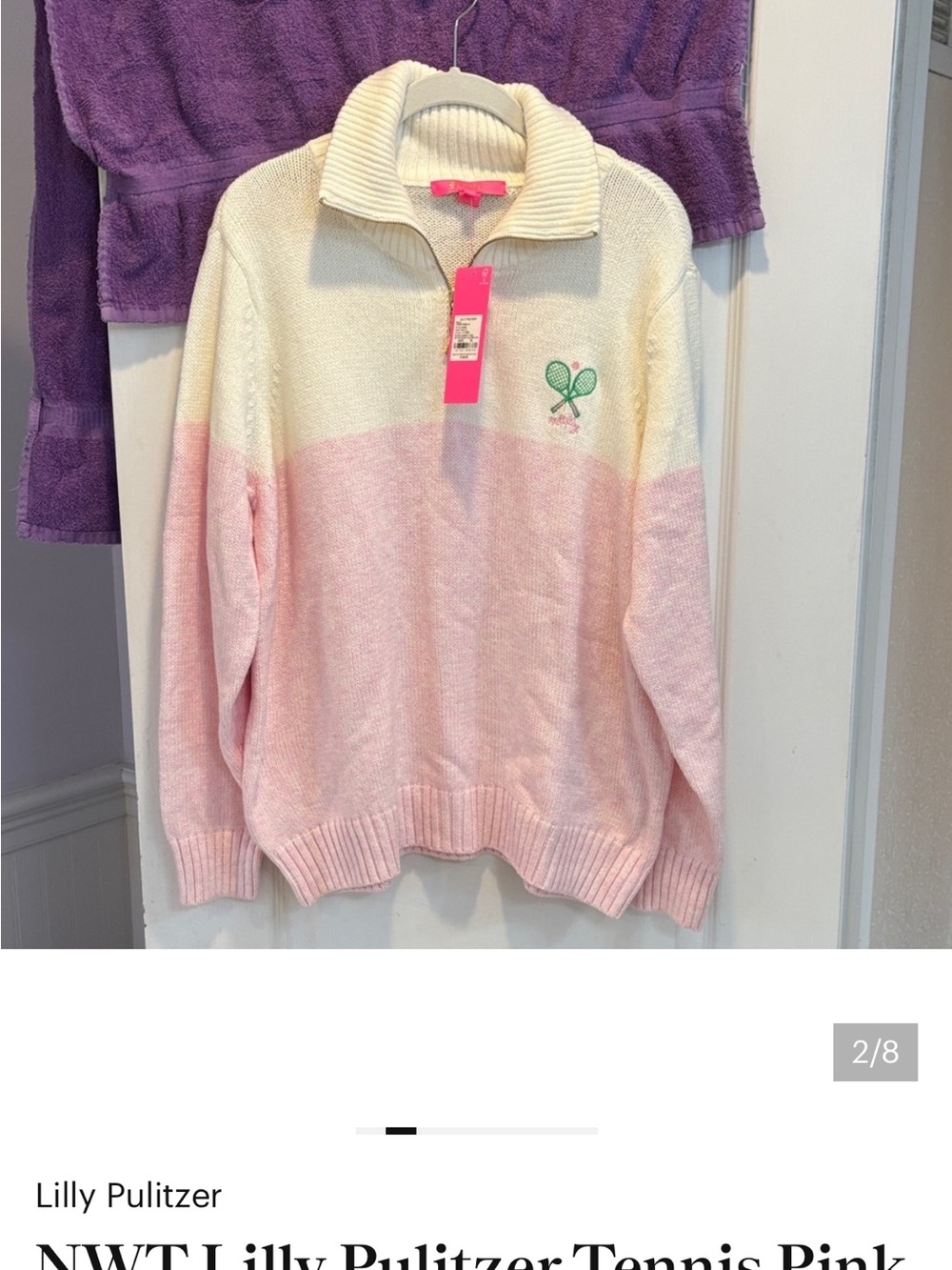 NWT Lilly Pulitzer Pink and White Ombre Half-Zip Tennis Sweater - Picture 2 of 8